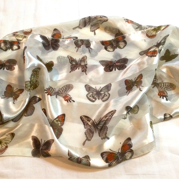 Accessories - Scarf Butterfly Multicolor On White Stripe Lightweight Rectangle 58” X 13”